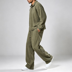 Men Corduroy Casual Two Piece Set Quarter Zip Stand Collar Fleece Lined Sweatshirt Embroidery Loose Fit Streetwear Tracksuit