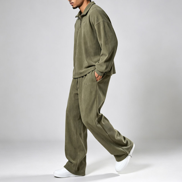 Men Corduroy Casual Two Piece Set Quarter Zip Stand Collar Fleece Lined Sweatshirt Embroidery Loose Fit Streetwear Tracksuit