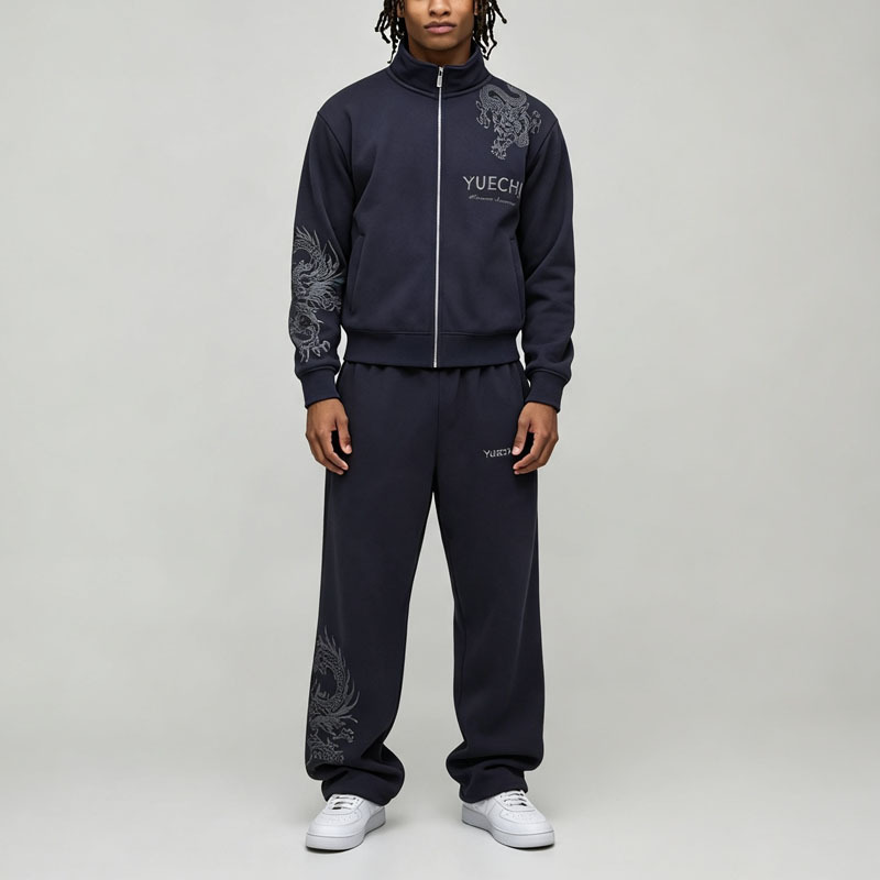 Custom Embroidery 2 Pieces Stand Collar Full Zip Bomber Jacket Wide Leg Pants Navy Blue Cotton Men's Autumn Streetwear