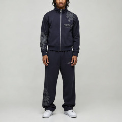 Custom Embroidery 2 Pieces Stand Collar Full Zip Bomber Jacket Wide Leg Pants Navy Blue Cotton Men's Autumn Streetwear