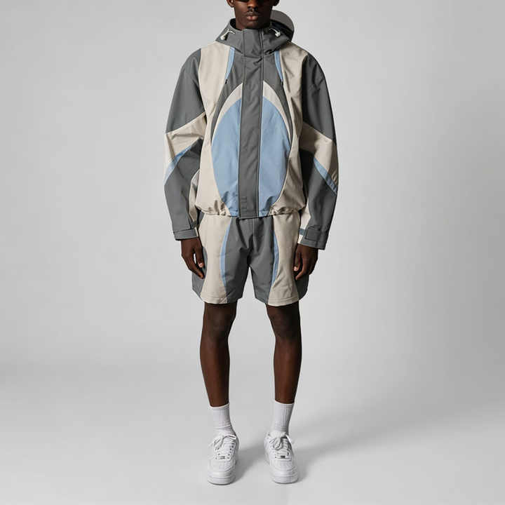 Custom Mens Multi Color Block Patchwork Nylon Tracksuit Full Zip Hooded Lightweight Shell Jacket Short Set Streetwear 2 Pieces