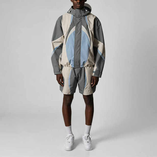 Custom Mens Multi Color Block Patchwork Nylon Tracksuit Full Zip Hooded Lightweight Shell Jacket Short Set Streetwear 2 Pieces