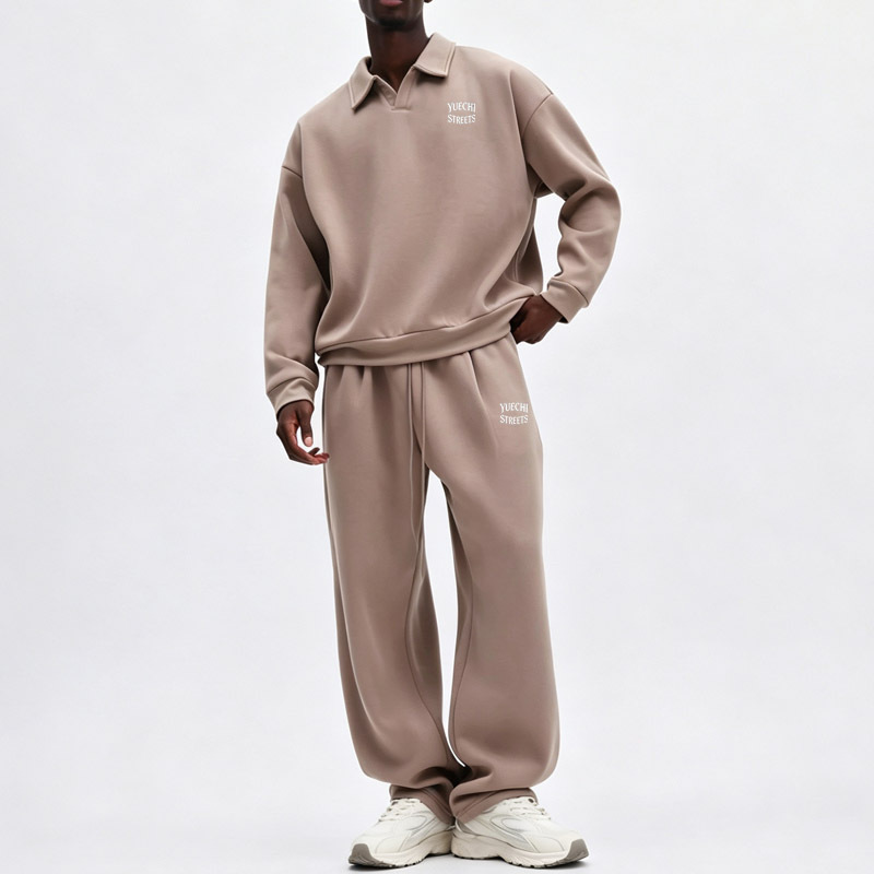 Custom Men's Oversized Polo Sweatshirt Tracksuit Heavyweight Air Layer Fabric Loose Fit Wide Leg Sweatpants Casual Two Piece Set