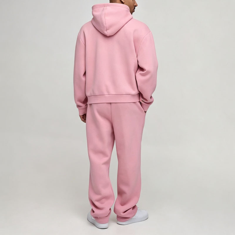 Custom Chenille Embroidery 2 Pieces Pullover Hoodie Wide Leg Pants Pink French Terry Cotton Men's Heavyweight Tracksuit Set