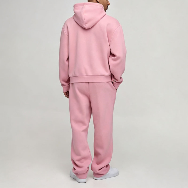 Custom Chenille Embroidery 2 Pieces Pullover Hoodie Wide Leg Pants Pink French Terry Cotton Men's Heavyweight Tracksuit Set