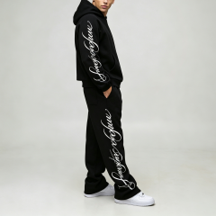 Custom Screen Print Cursive Graphic Black Fleece 2 Pieces Pullover Hoodie Wide Leg Sweatpants Urban Men's Tracksuit Set
