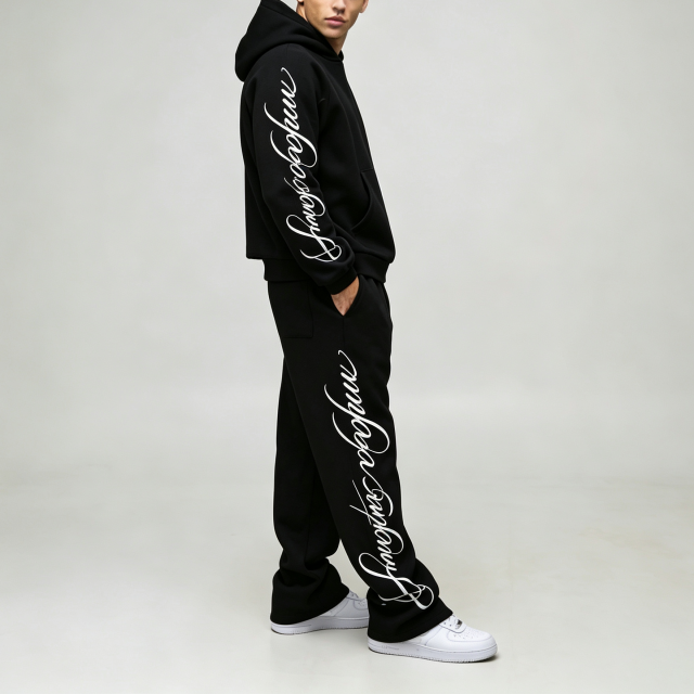 Custom Screen Print Cursive Graphic Black Fleece 2 Pieces Pullover Hoodie Wide Leg Sweatpants Urban Men's Tracksuit Set