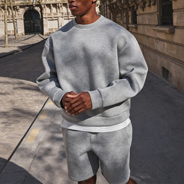 Custom Grey Heavyweight Vintage Tracksuit 2 Pieces Crew Neck Pullover Boxy Fit Cotton Fleece Men's Urban Streetwear Short Set