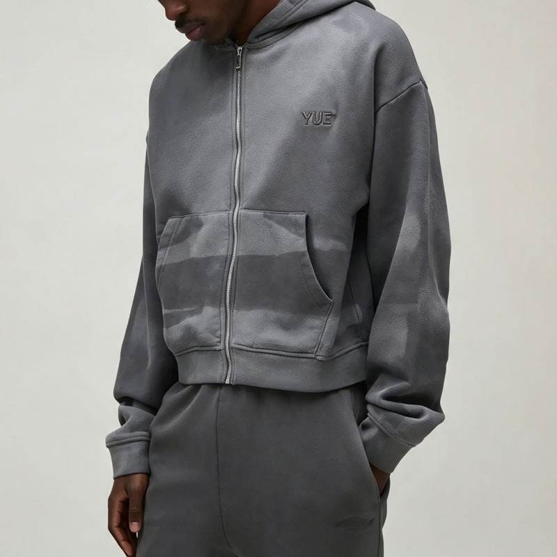 Custom Winter Sun Faded French Terry 2 Pieces Full Zip Boxy Fit Cropped Charcoal Cotton Men's Heavyweight Streetwear Tracksuit