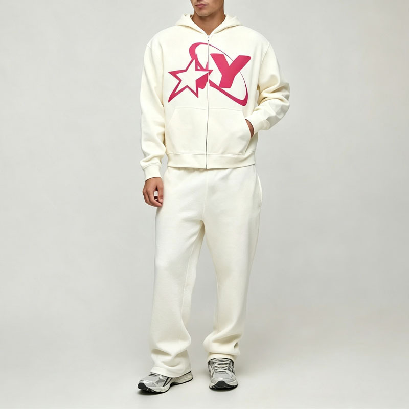Custom Made Screen Print 2 Pieces Full Zip Boxy Cropped Wide Leg French Terry Cotton Graphic Men's Ivory Tracksuit Set