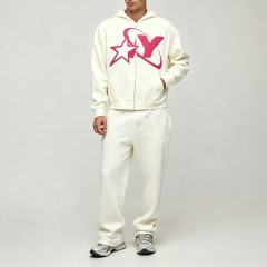 Custom Made Screen Print 2 Pieces Full Zip Boxy Cropped Wide Leg French Terry Cotton Graphic Men's Ivory Tracksuit Set