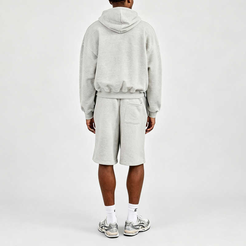 Men Boxy Oversized Full Zip Hoodie Shorts Tracksuit 2 Piece Set Heather Grey French Terry Dual Zipper Embroidery Knee Length