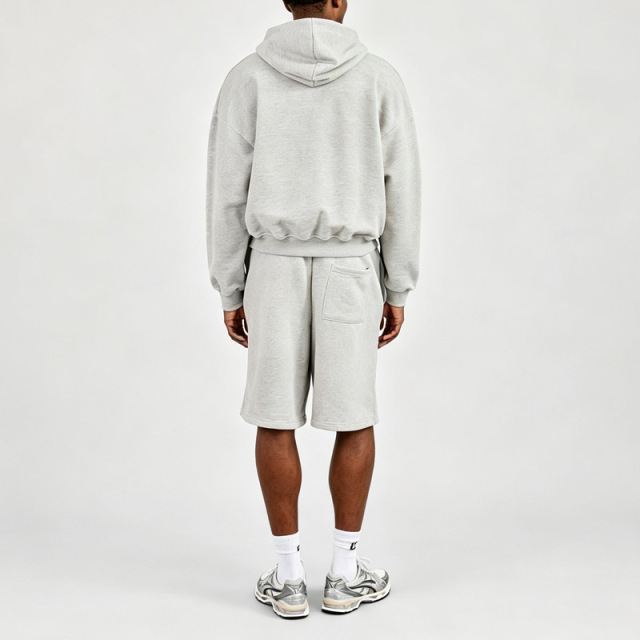 Men Boxy Oversized Full Zip Hoodie Shorts Tracksuit 2 Piece Set Heather Grey French Terry Dual Zipper Embroidery Knee Length