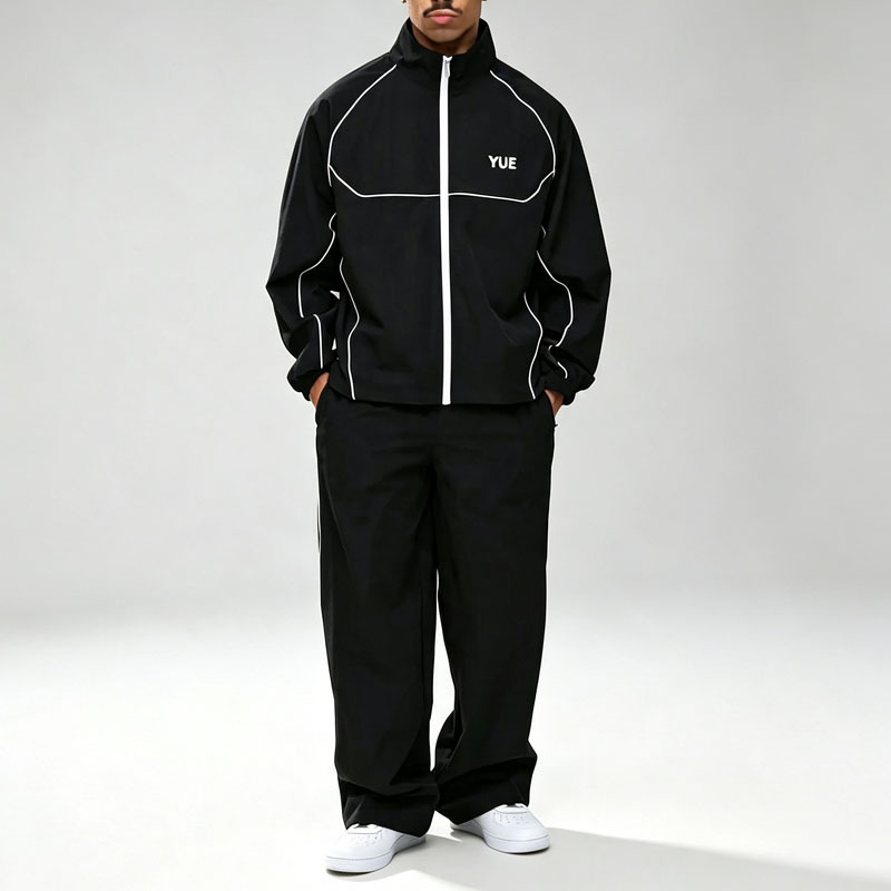 Custom Sets Contrast Piping Screen Print Windbreaker 2 Pieces Wide Leg Baggy Nylon Jacket Set Trousers Men's Urban Techwear Set,Leading Custom Apparel Manufacturer | Your Trusted China Sourcing Partner | YC/YUECHI,Custom Contrast Piping Screen Print Windbreaker 2 Pieces Wide Leg Baggy Nylon Jacket Trousers Men's Urban Techwear Set