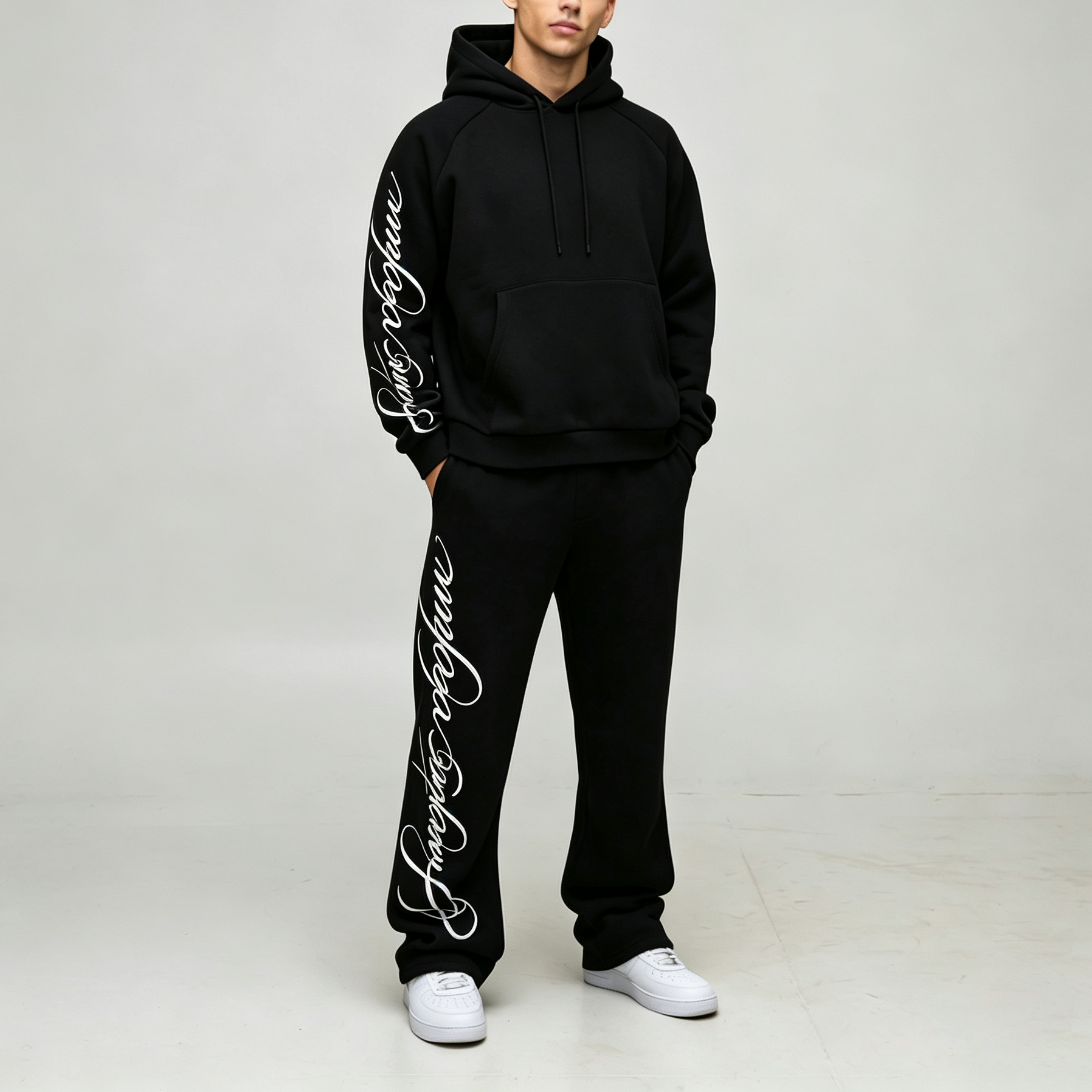 Custom Screen Print Cursive Graphic Black Fleece 2 Pieces Pullover Hoodie Wide Leg Sweatpants Urban Men's Tracksuit Set