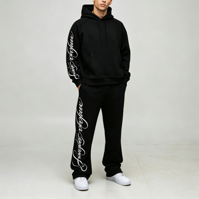 Custom Screen Print Cursive Graphic Black Fleece 2 Pieces Pullover Hoodie Wide Leg Sweatpants Urban Men's Tracksuit Set