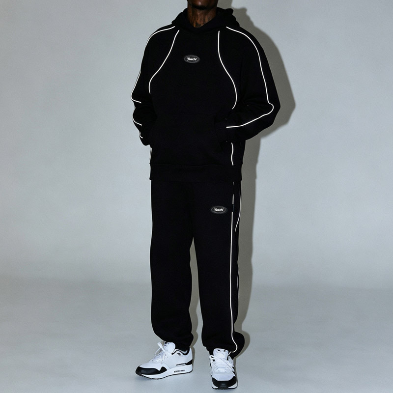 Custom Men Boxy Oversized Hoodie Jogger Pants 2 Piece Set 100% Cotton Fleece Reflective Piping Embroidery Rubber Patch Tracksuit