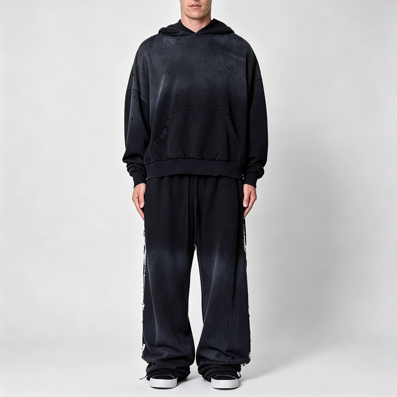 Men Sun Faded Distressed Studded Vintage Tracksuit Heavyweight 100% French Terry Oversized Pullover Hoodie Wide Leg Sweatpants