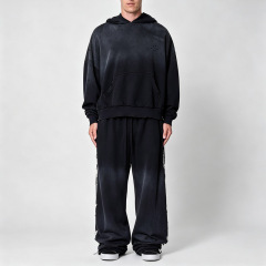 Men Sun Faded Distressed Studded Vintage Tracksuit Heavyweight 100% French Terry Oversized Pullover Hoodie Wide Leg Sweatpants