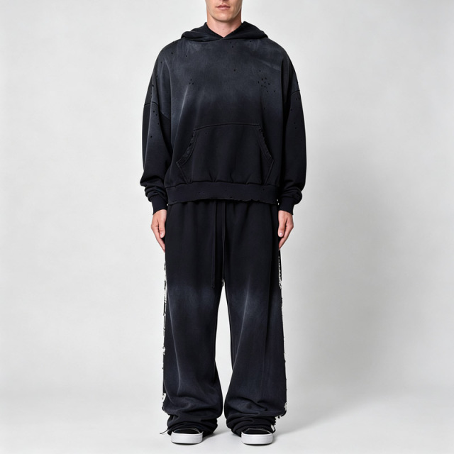 Men Sun Faded Distressed Studded Vintage Tracksuit Heavyweight 100% French Terry Oversized Pullover Hoodie Wide Leg Sweatpants