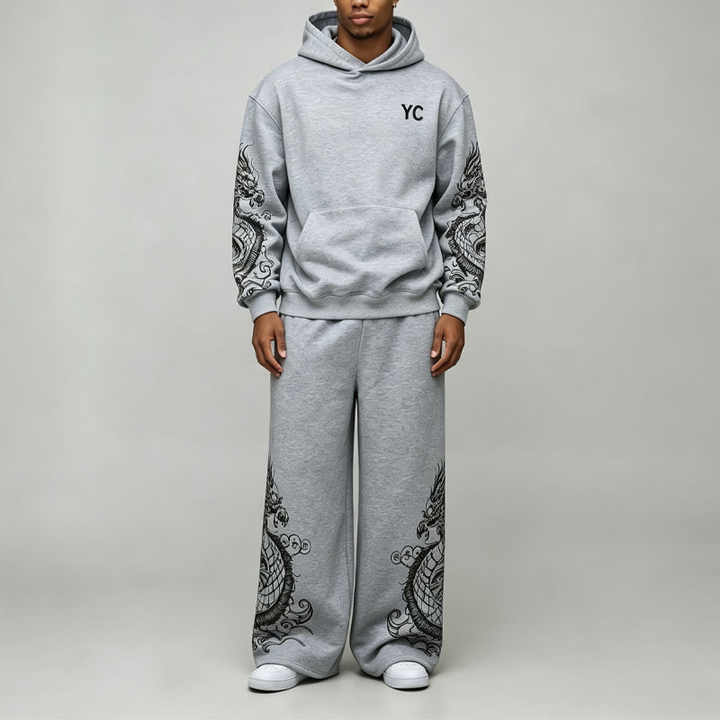 Custom Flocked DTG Printing 100% Pure Cotton French Terry 2 Pieces Boxy Baggy Heather Grey Men's Winter Streetwear Hooded