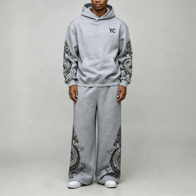 Custom Flocked DTG Printing 100% Pure Cotton French Terry 2 Pieces Boxy Baggy Heather Grey Men's Winter Streetwear Hooded