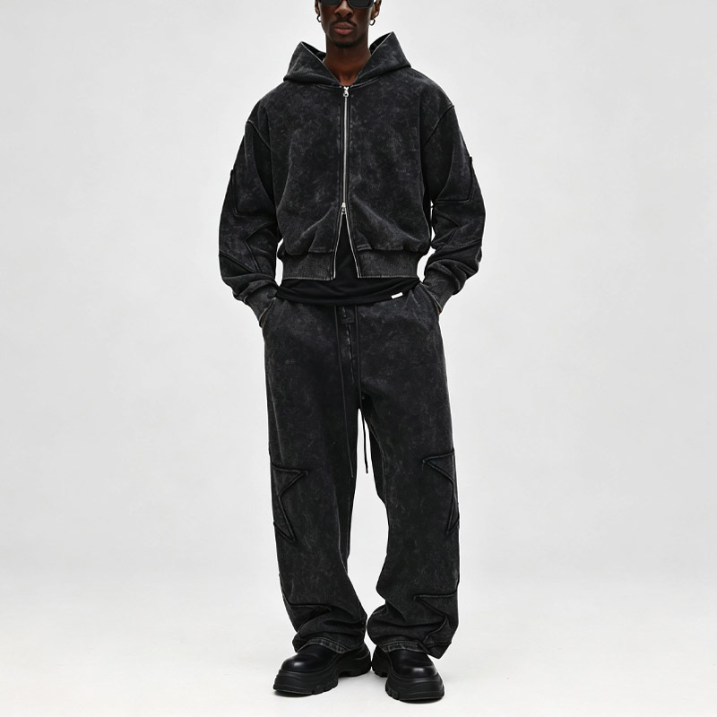 Custom Men Cropped Oversized Full Zip Tracksuit Heavyweight French Terry Snow Wash Star Applique Baggy Two Piece Streetwear Set