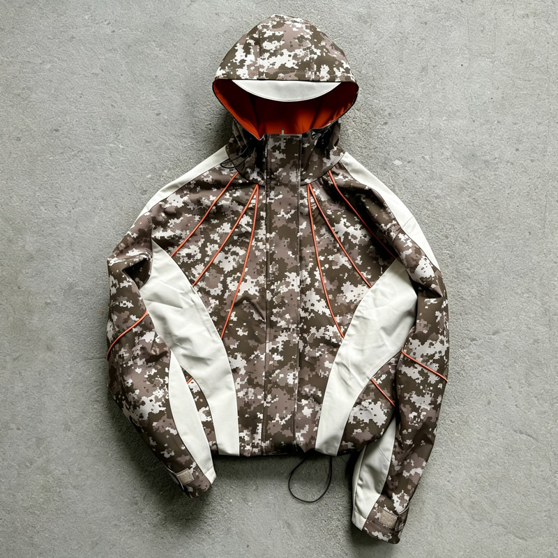 Custom Men's Dtg Printing Camo Hooded Shell Jacket Matching Shorts Windproof Waterproof Street Functional Two Piece Suit