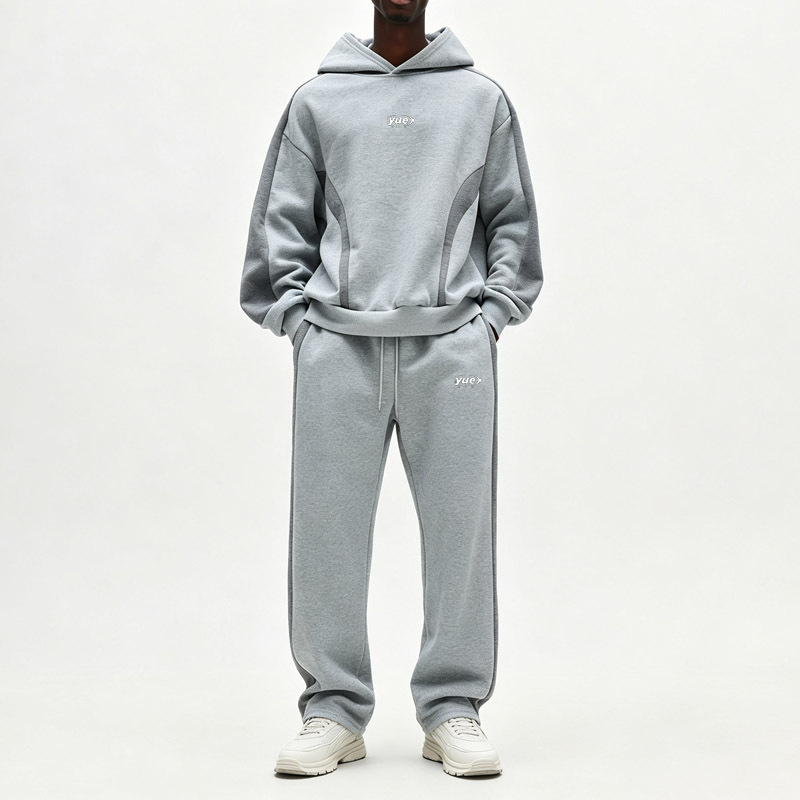 Men Heather Grey Oversized Dropped Shoulder Hoodie Tracksuit Contrast Panel Screen Print Straight Wide Leg Sweatpants