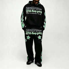 Custom Puff Printing Applique 2 Pieces Full Zip Boxy Fit Black Cotton Fleece Men's Heavyweight Winter Streetwear Tracksuit Set