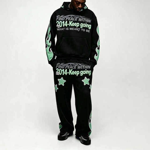 Custom Puff Printing Applique 2 Pieces Full Zip Boxy Fit Black Cotton Fleece Men's Heavyweight Winter Streetwear Tracksuit Set