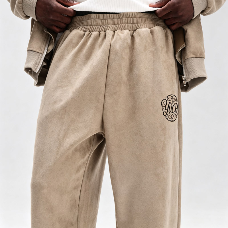 Men Taupe Faux Suede Full Zip Hoodie Tracksuit Oversized Dropped Shoulder Wide Leg Sweatpants Embroidery Two Piece Set