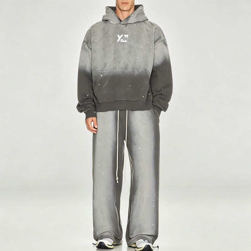Custom Men's Sun Faded Gradient Wash Heavyweight Fleece Tracksuit Screen Print Logo Ink Splash Paint Dots Hoodie Wide Leg Pants