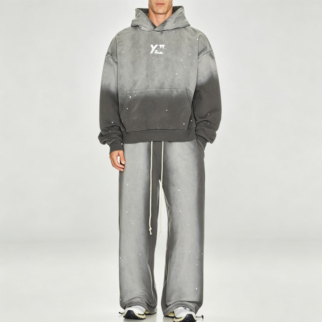 Custom Men's Sun Faded Gradient Wash Heavyweight Fleece Tracksuit Screen Print Logo Ink Splash Paint Dots Hoodie Wide Leg Pants