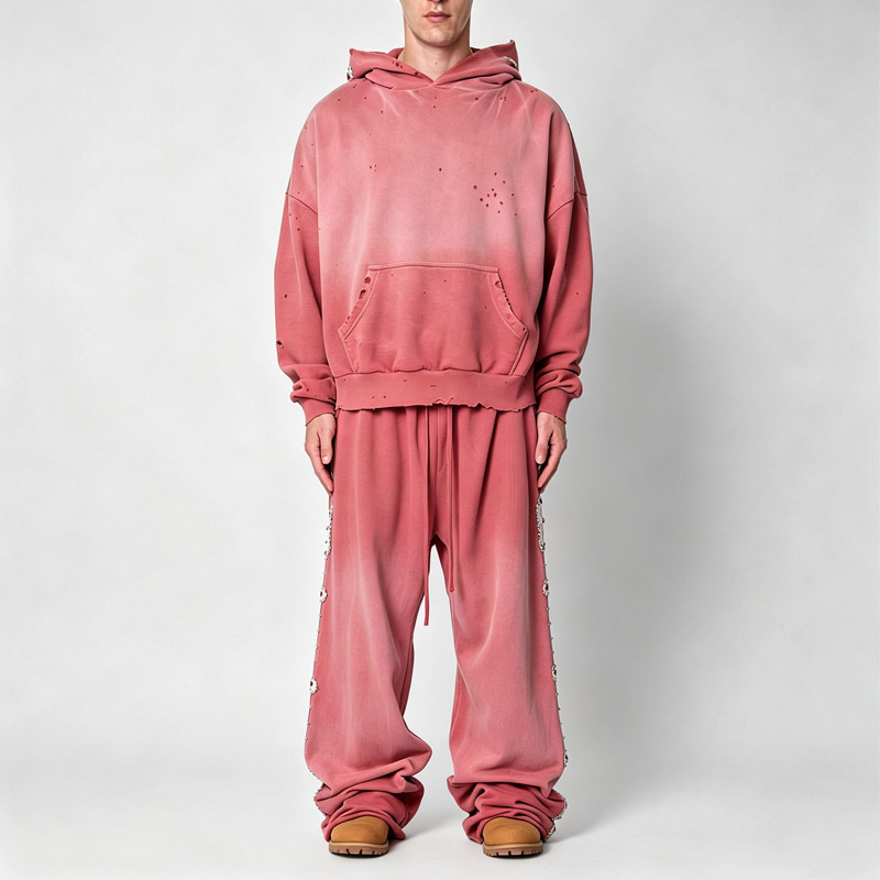 Men Sun Faded Distressed Studded Vintage Tracksuit Heavyweight 100% French Terry Oversized Pullover Hoodie Wide Leg Sweatpants