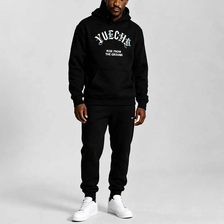 Custom Men's Winter Streetwear Regular Fit Pullover Hoodie Tracksuit Eco-friendly 440 Grams Fleece Screen Print Cuffed Jogger