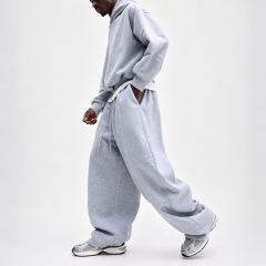 Custom Men's Cropped Oversized Pullover Hoodie Heather Grey Heavyweight French Terry Blank Wide Leg Casual Streetwear 2Piece Set