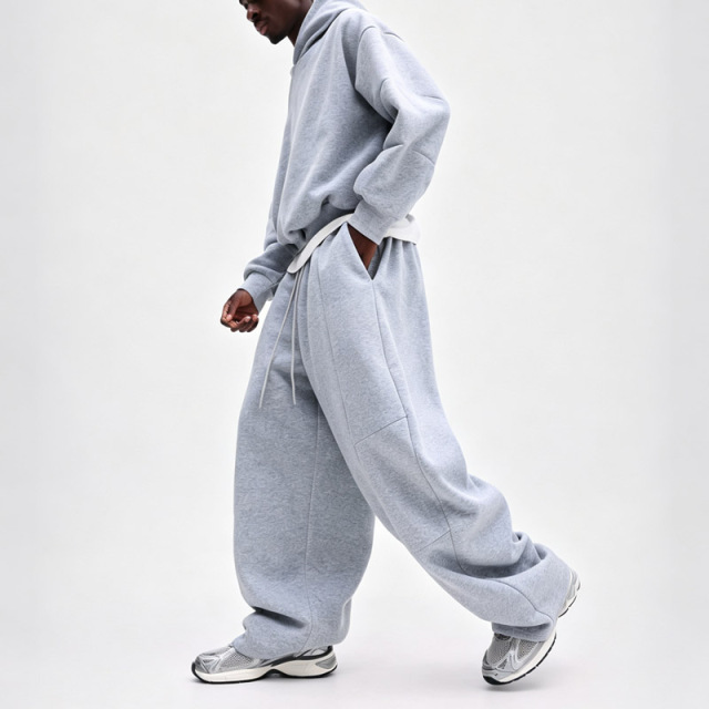 Custom Men's Cropped Oversized Pullover Hoodie Heather Grey Heavyweight French Terry Blank Wide Leg Casual Streetwear 2Piece Set