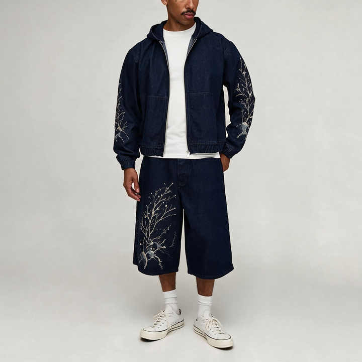 Men Washed Embroidered Denim Two Piece Set Zip up Hooded Cropped Denim Jacket Wide Leg Denim Shorts 100% Cotton Streetwear