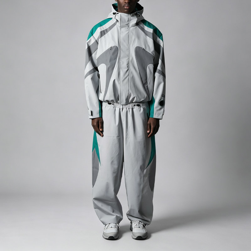 Men's Oversized Hard Shell Tracksuit Windproof Waterproof Seam Sealed Color Block Curved Panel Hooded Jacket Wide Leg Pant Set