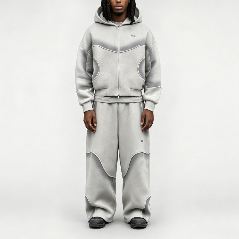 Men's Spray Print Color Block Tracksuit Exposed Raw Seam Full Zip Hoodie Wide Leg Sweatpants 100% Cotton Fleece High Street