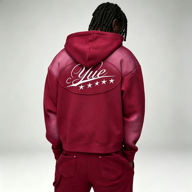 Custom Sun Faded Screen Print Red 100% Cotton French Terry 2 Pieces Full Zip Boxy Fit Baggy Apparel Men's Casual Tracksuit Set