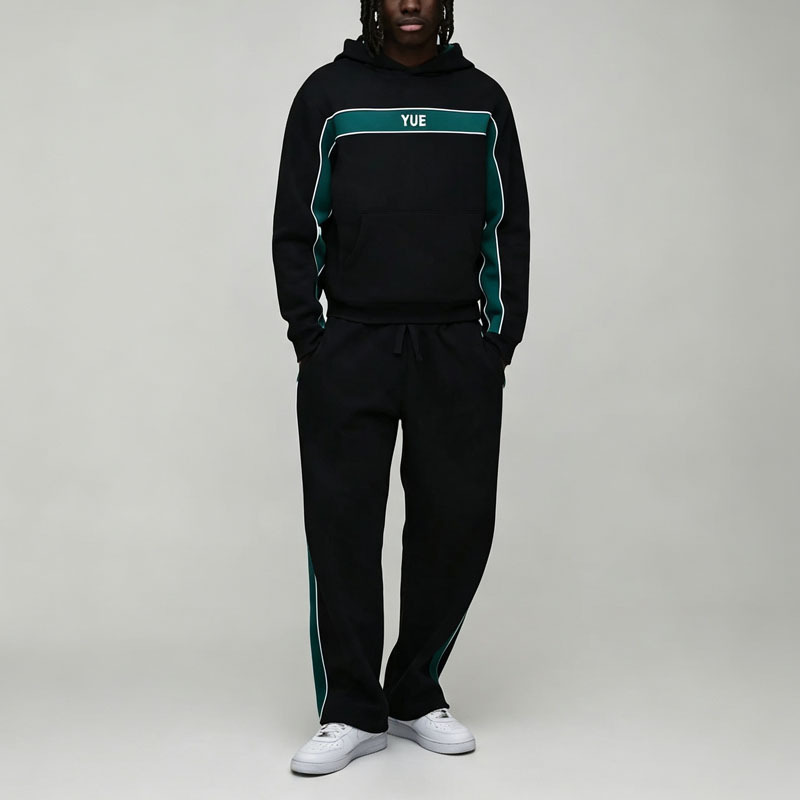 Custom Made 100% Cotton Heavyweight Fleece 2 Pieces Spliced Contrast Color Ribbed Embroidery Men's Urban Jogger Set