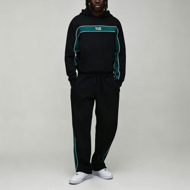 Custom Made 100% Cotton Heavyweight Fleece 2 Pieces Spliced Contrast Color Ribbed Embroidery Men's Urban Jogger Set