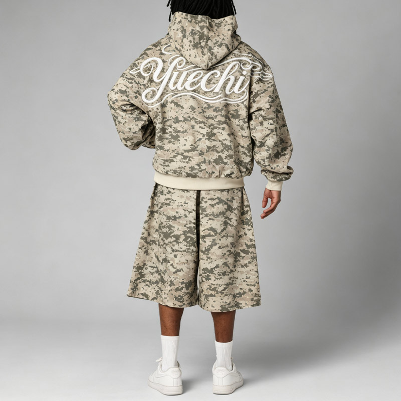 Custom Men's Camo Pullover Hooded Tracksuit Set 100% Cotton French Terry Applique Embroidery DTG Printing Oversized Street Sport