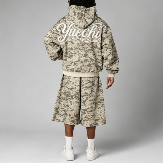 Custom Men's Camo Pullover Hooded Tracksuit Set 100% Cotton French Terry Applique Embroidery DTG Printing Oversized Street Sport