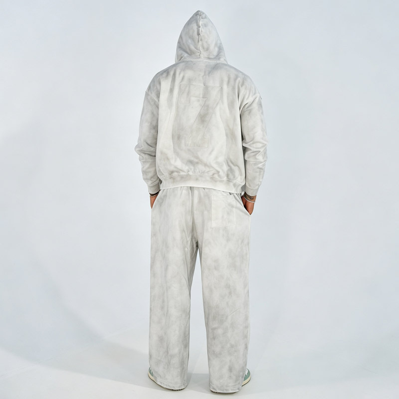 Custom Men's Applique Embroidery 400G Heavyweight Fleece Hoodie Wide Leg Sweatpants Set Cotton Spray Print Street Tracksuit