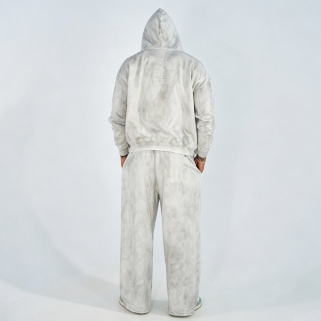 Custom Men's Applique Embroidery 400G Heavyweight Fleece Hoodie Wide Leg Sweatpants Set Cotton Spray Print Street Tracksuit