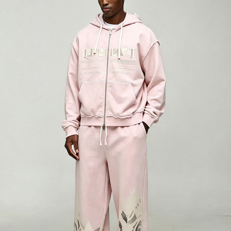 Custom Men's Winter Oversized Boxy French Terry Washed Zip Hoodie Wide Leg Sweatpants 100% Cotton Vintage Graphic Streetwear