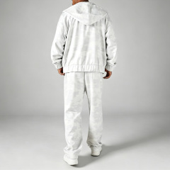 Men All Over Light White Camo Full Zip Hooded Tracksuit Oversized Fit Flock Print Embroidery Wide Leg Streetwear Two Piece Set
